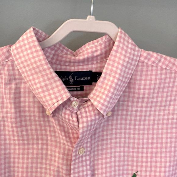 Ralph Lauren Pink & White Checked Linen Classic Fit Shirt Size Large - Picture 2 of 10